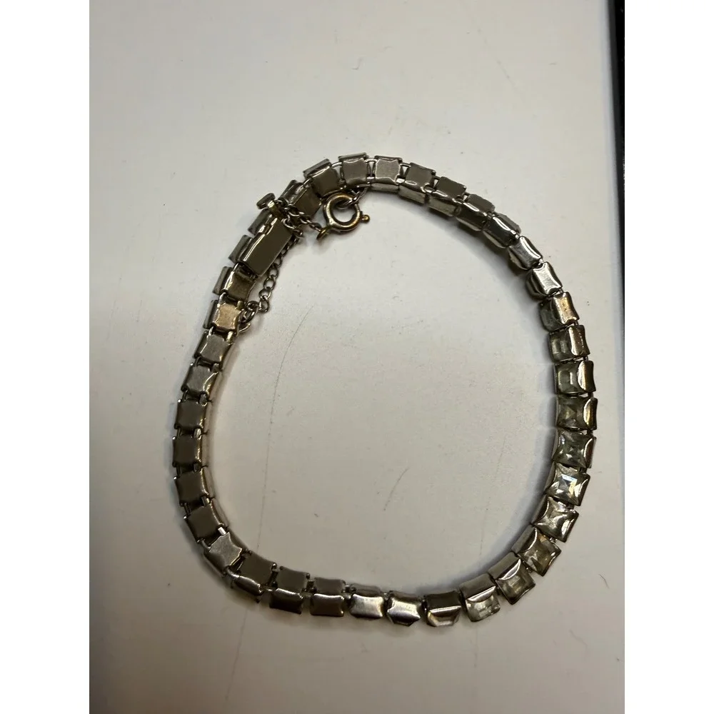 Vintage Silver Tone Square Cut Clear Rhinestone Tennis Bracelet Safety Chain